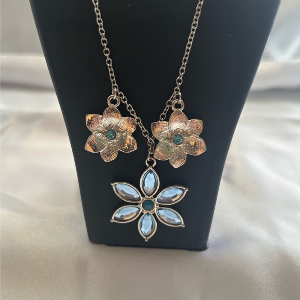 Liz Claiborne Silver Necklace with Blue and Green Floral Accents